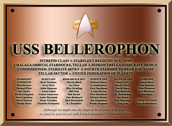 The commissioning dedication plaque of the Intrepid-class light explorer USS Bellerophon NCC-74705